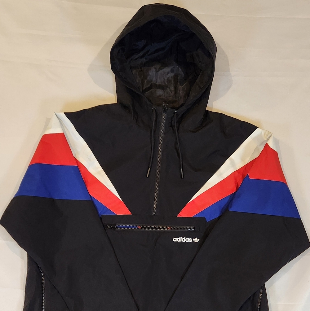 Adidas Black Windbreaker with Red and Blue Stripes Size S - Picture 2 of 6